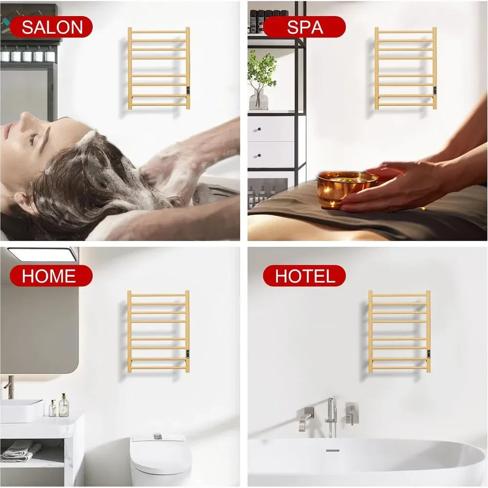 Gold Heated Towel Rack 8 Bar Wall Mounted Electric Warmer Timer Temp Control